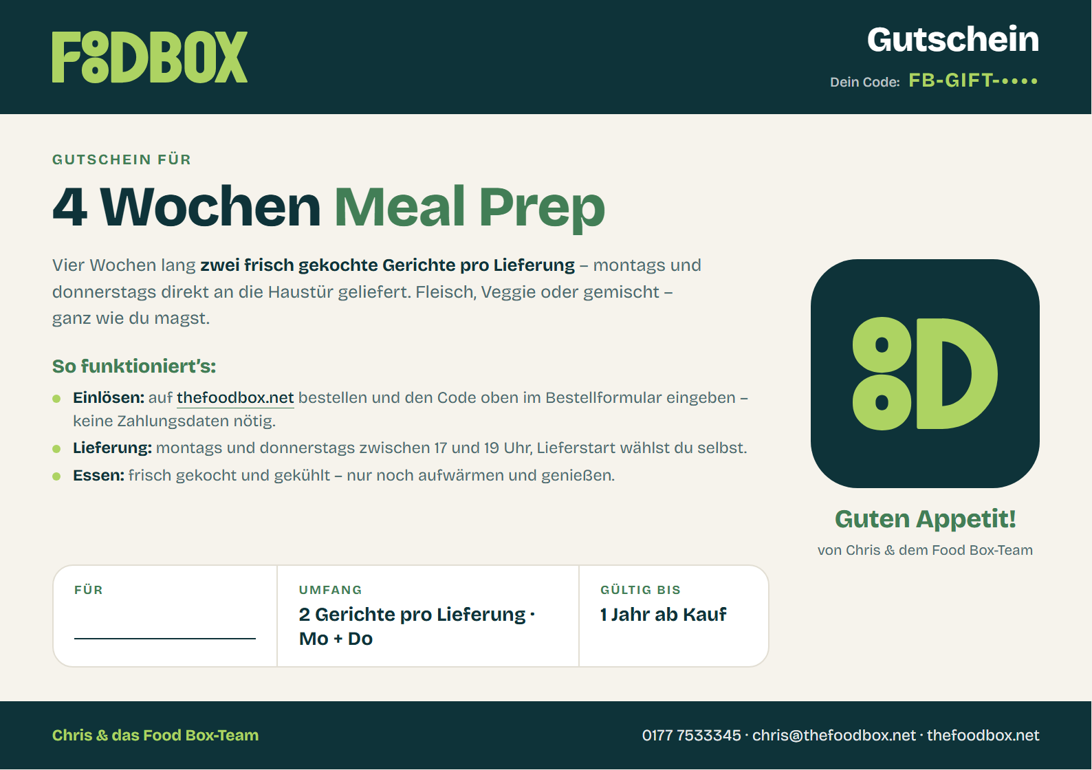 So sieht der Food Box Gutschein aus: „4 Wochen Meal Prep“, A5, mit persönlichem Code